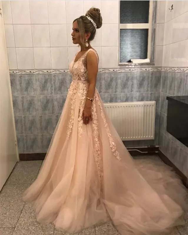 Applique Lace Straps Prom Dresses Plunge V Neck Formal Evening Dress