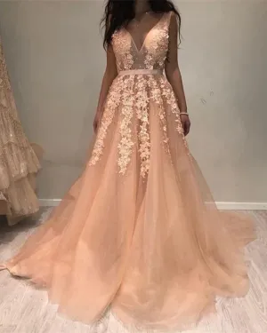 Applique Lace Straps Prom Dresses Plunge V Neck Formal Evening Dress