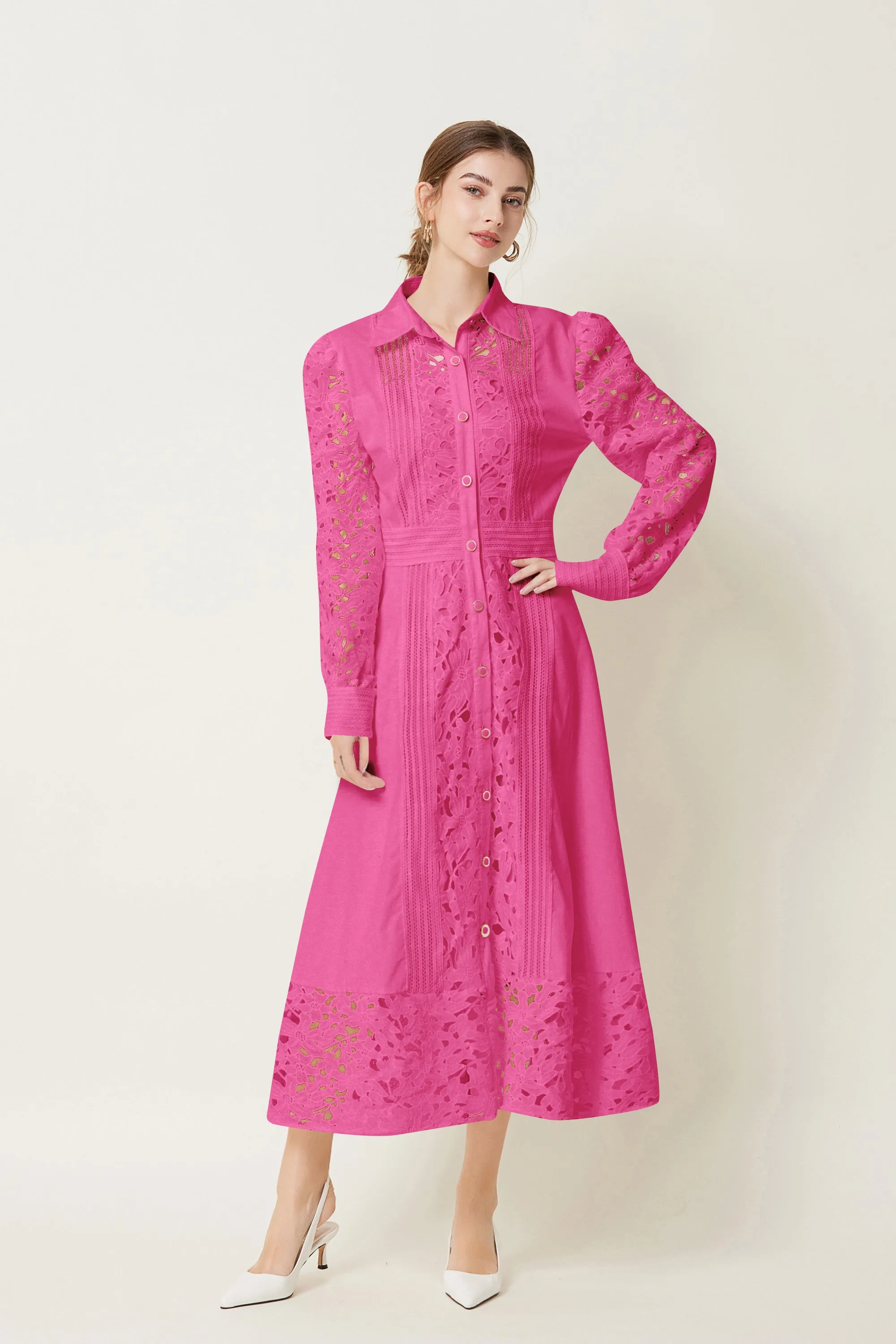 BK-Lapel Long Sleeves Lace Buttons Maxi Dress