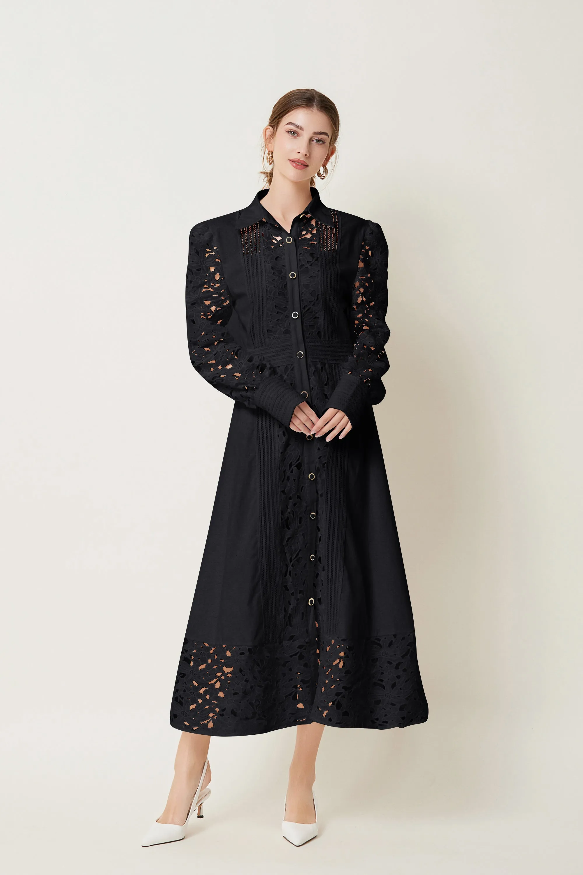 BK-Lapel Long Sleeves Lace Buttons Maxi Dress