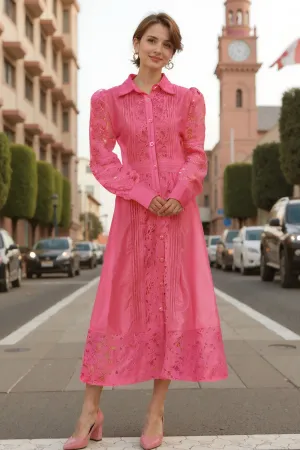 BK-Lapel Long Sleeves Lace Buttons Maxi Dress