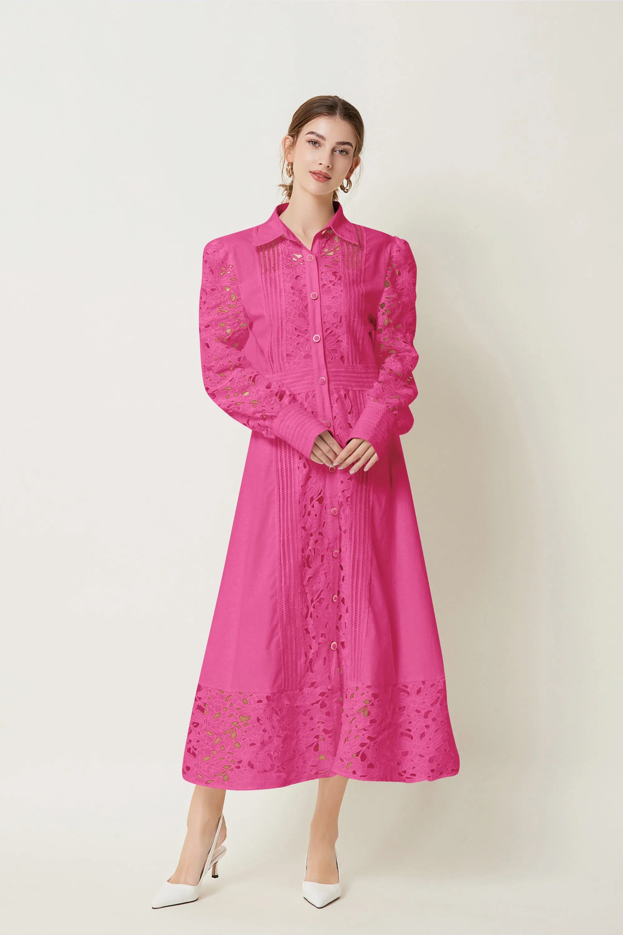 BK-Lapel Long Sleeves Lace Buttons Maxi Dress