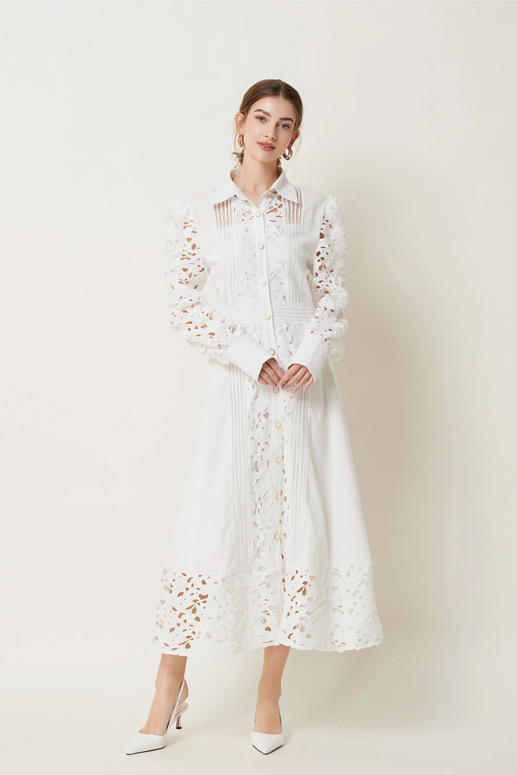 BK-Lapel Long Sleeves Lace Buttons Maxi Dress