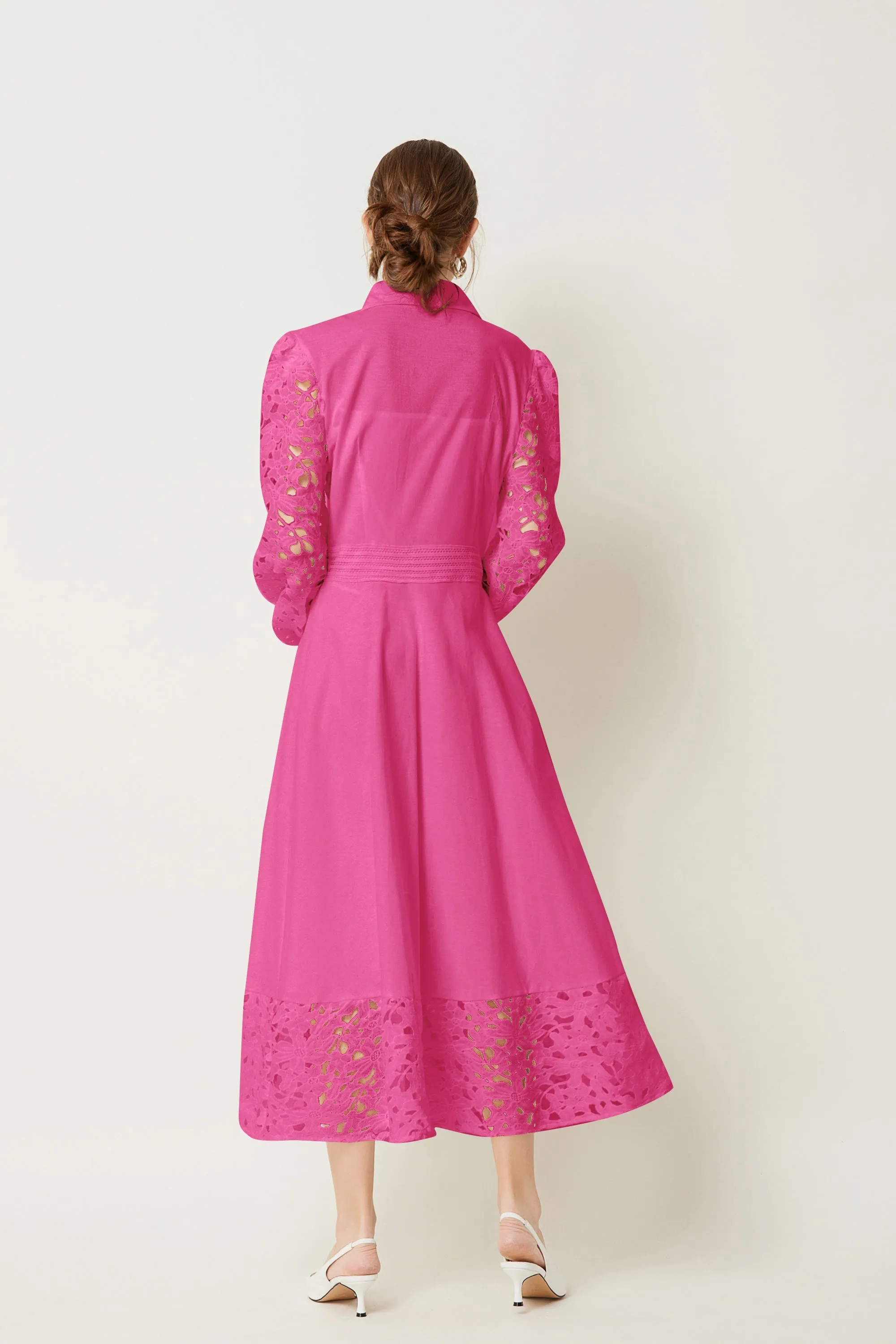BK-Lapel Long Sleeves Lace Buttons Maxi Dress