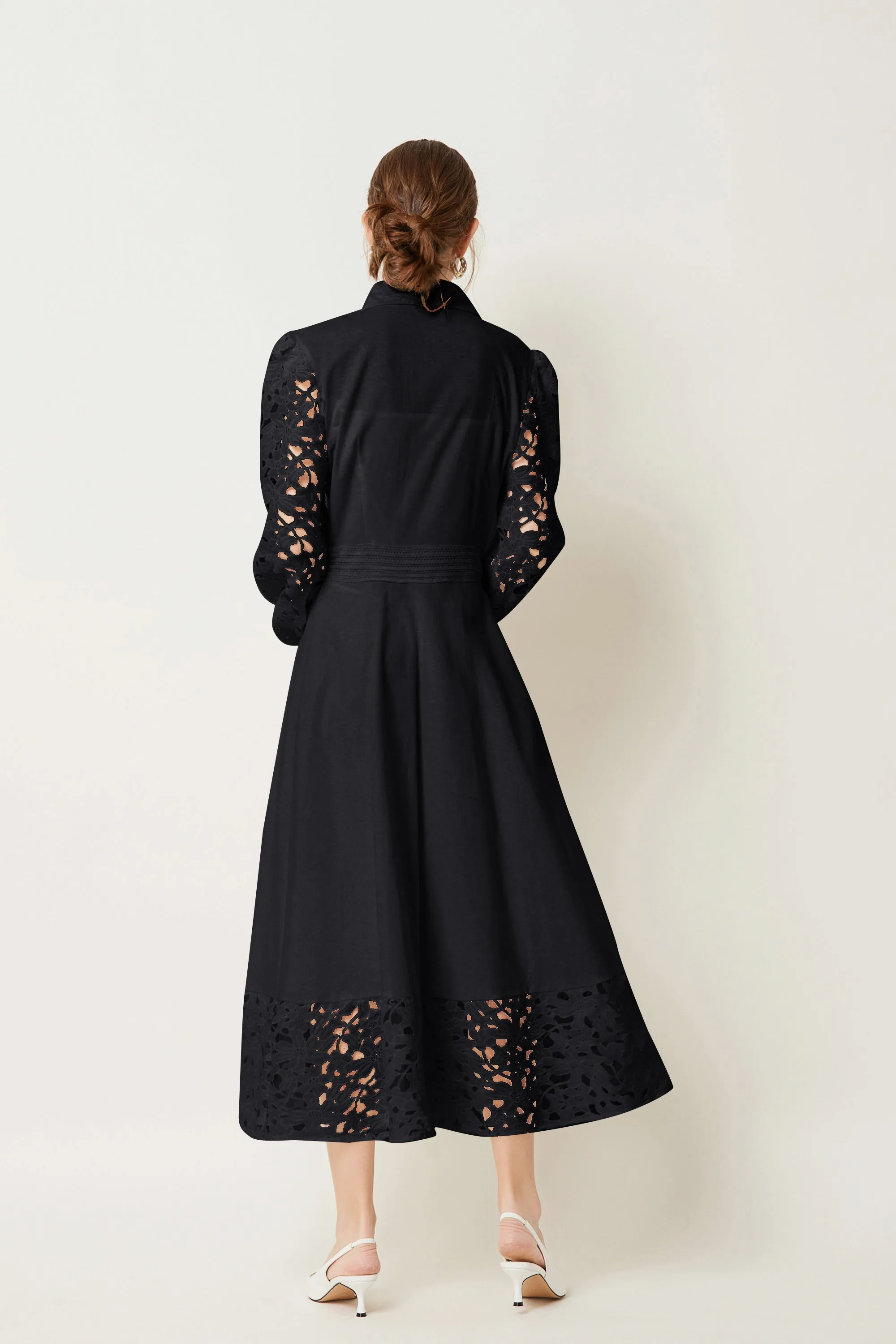 BK-Lapel Long Sleeves Lace Buttons Maxi Dress