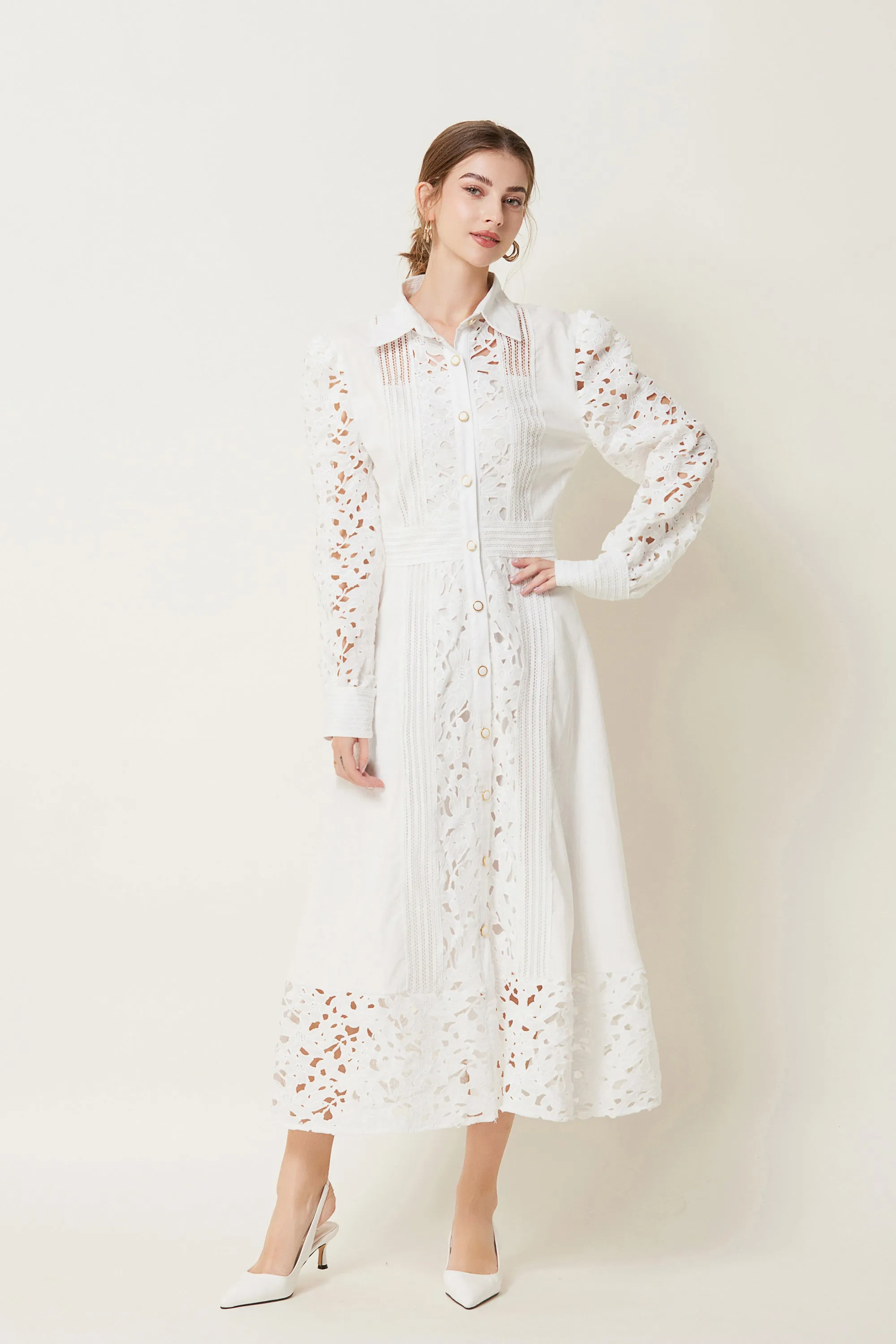 BK-Lapel Long Sleeves Lace Buttons Maxi Dress