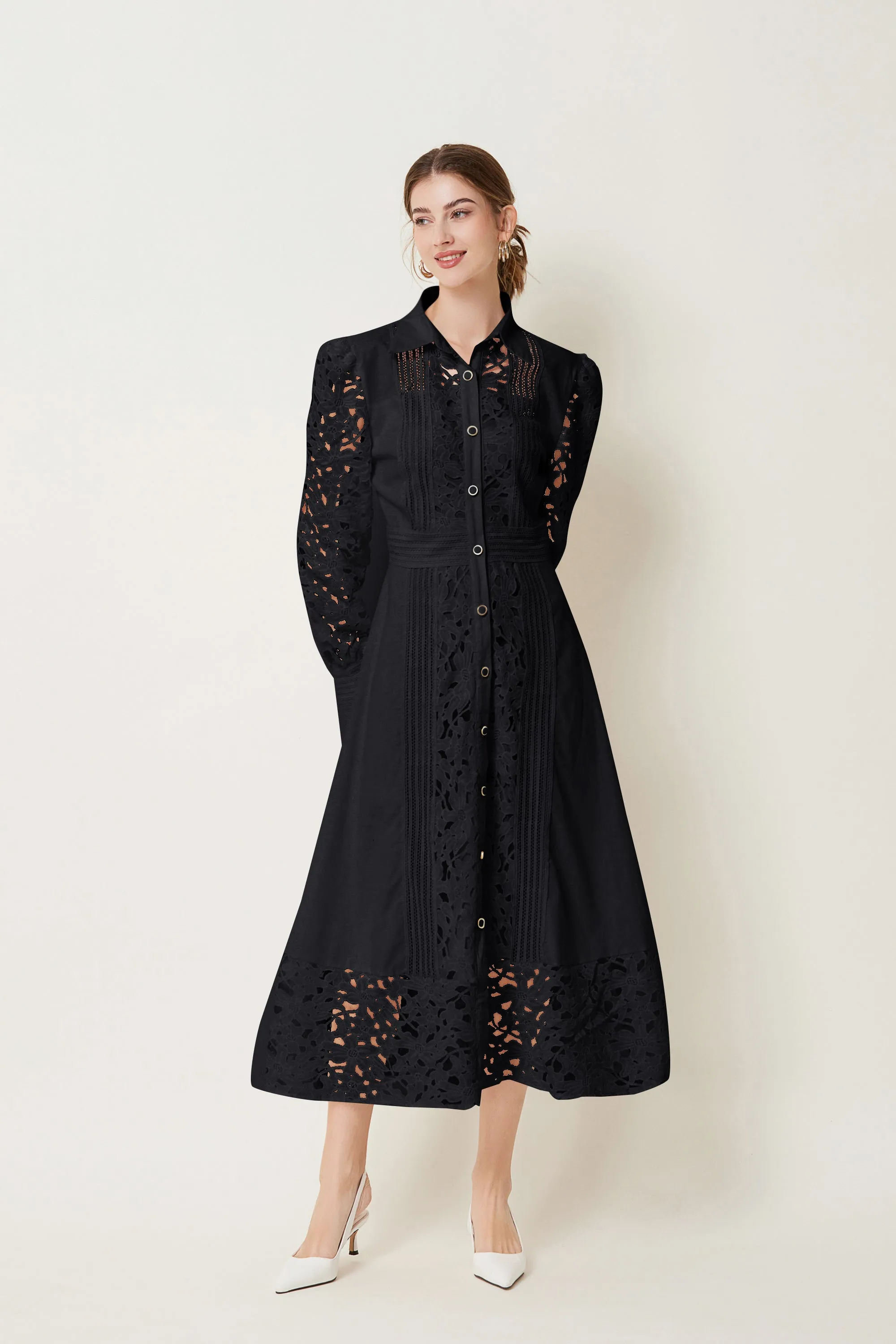 BK-Lapel Long Sleeves Lace Buttons Maxi Dress