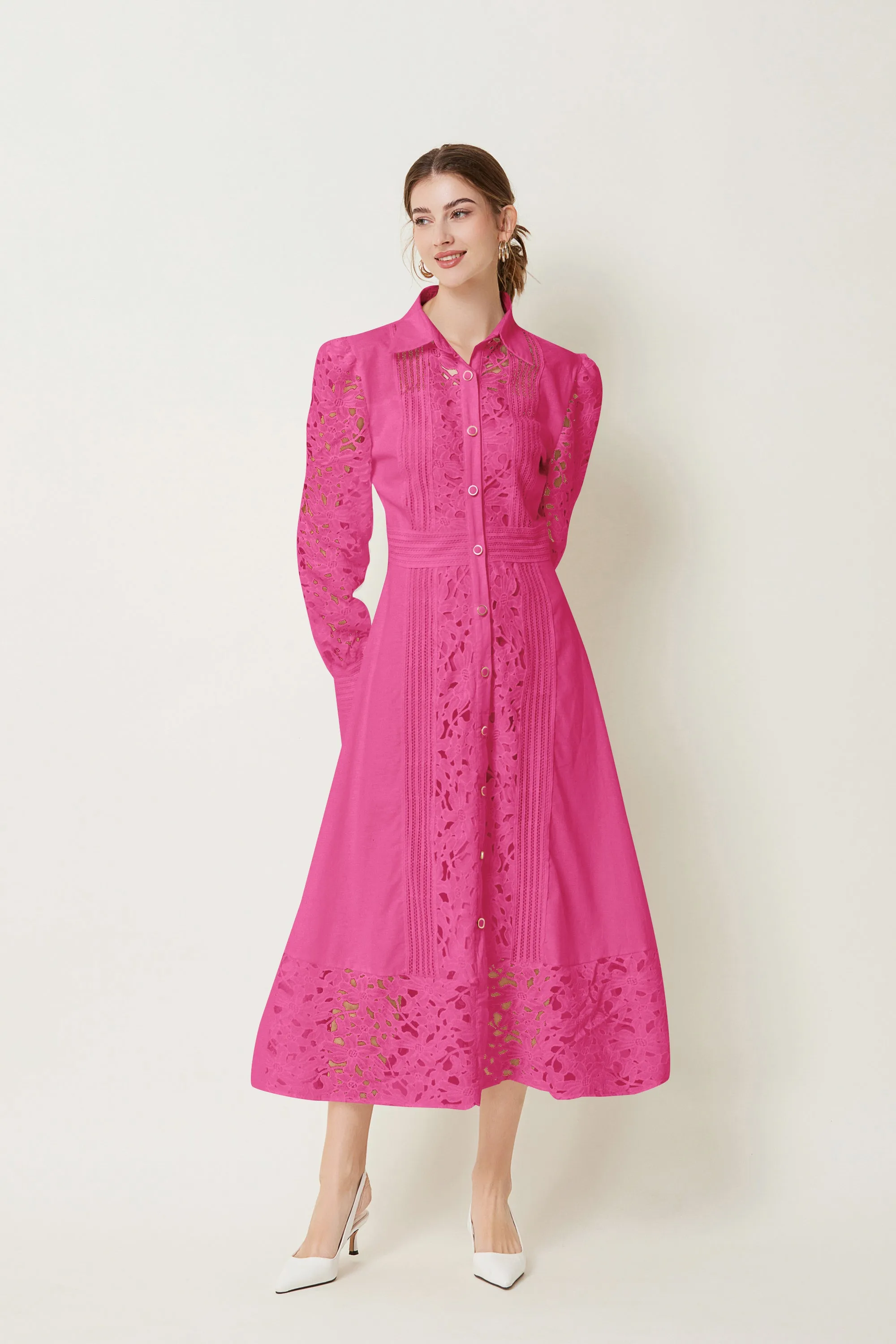 BK-Lapel Long Sleeves Lace Buttons Maxi Dress