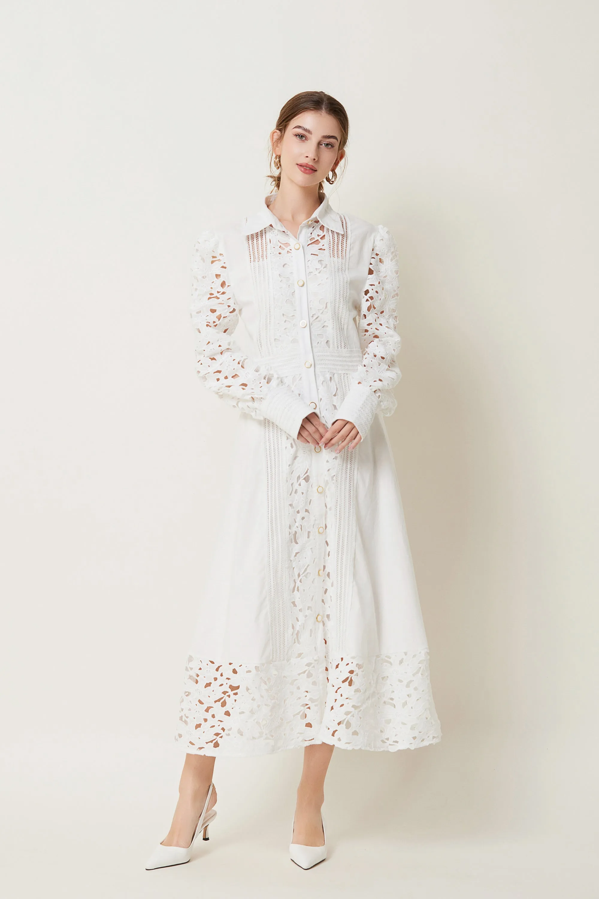 BK-Lapel Long Sleeves Lace Buttons Maxi Dress