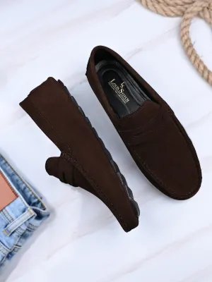 Brunette Brown Handmade Italian Suede Leather Solid Penny Loafers with Buckle
