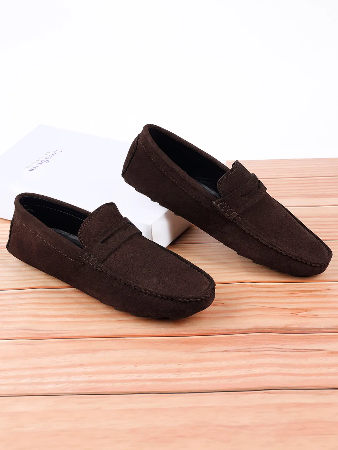 Brunette Brown Handmade Italian Suede Leather Solid Penny Loafers with Buckle
