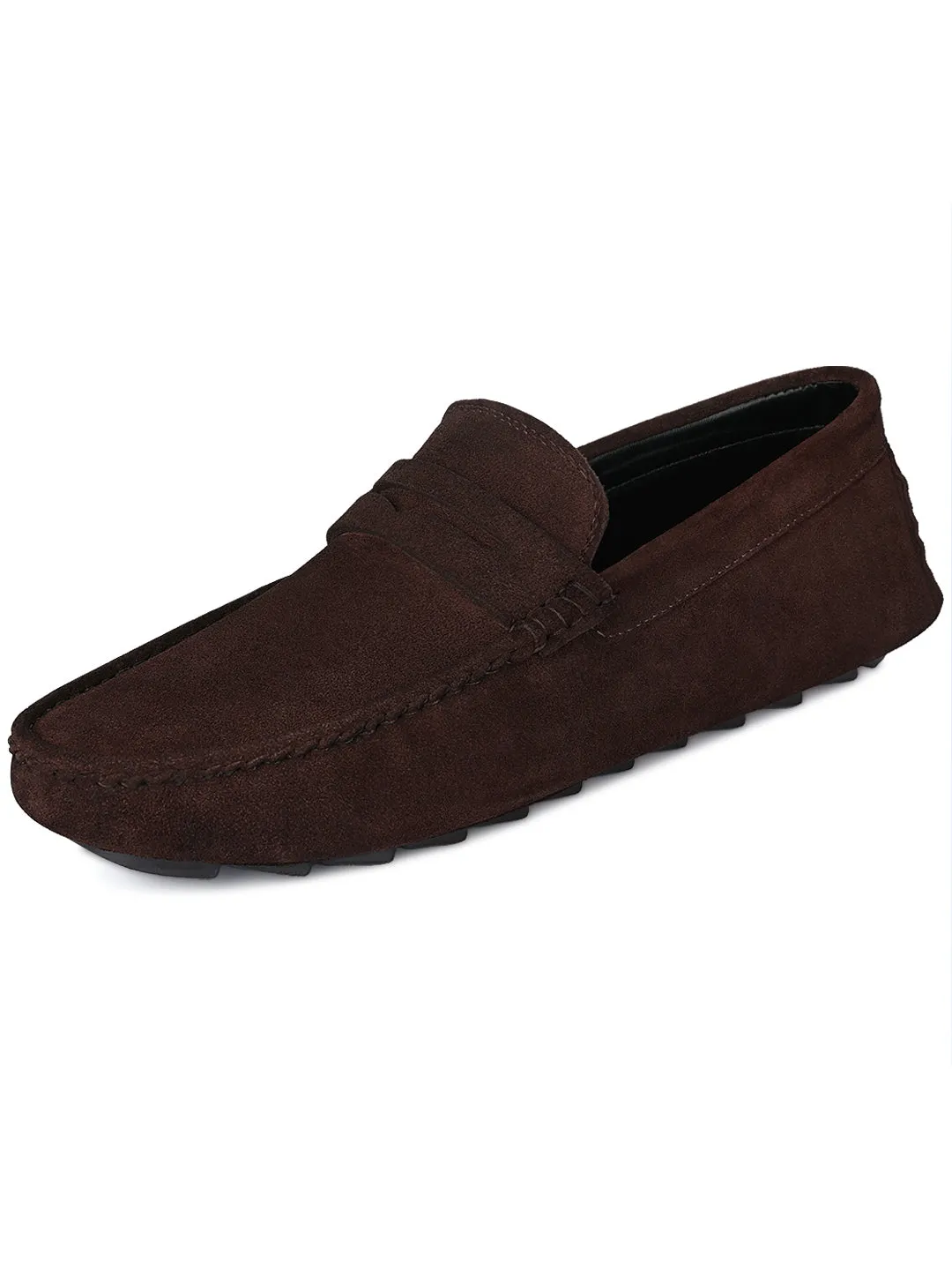 Brunette Brown Handmade Italian Suede Leather Solid Penny Loafers with Buckle