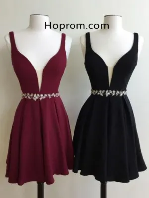 Burgundy Cute Short Homecoming Dress with Beadings