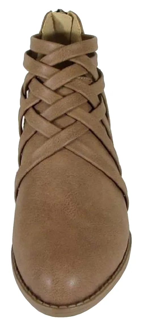 City Classified Women's Woven Strappy Cut Out Chunky Stacked Heel Ankle Bootie