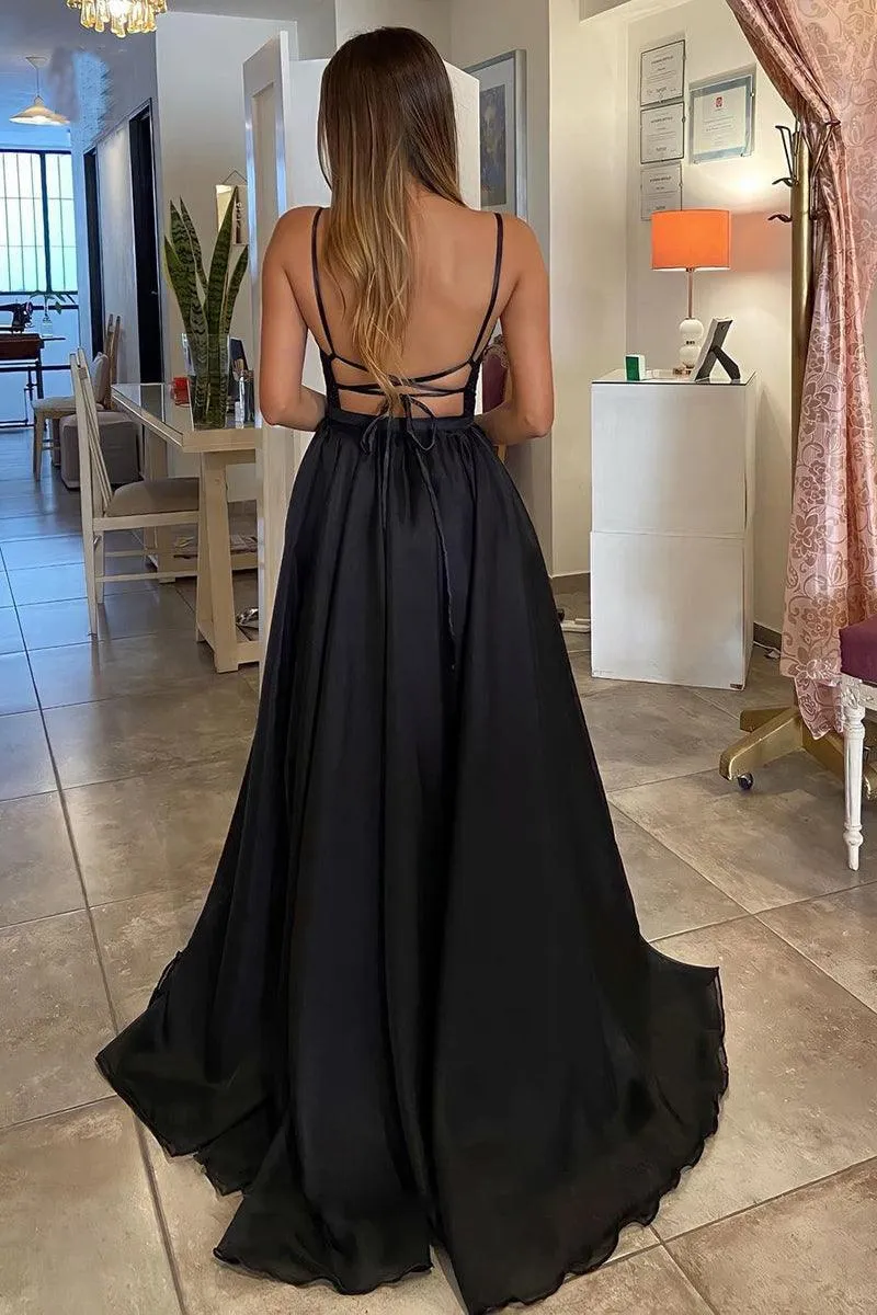 Classic Detachable A-Line V-Neck Black Tulle Prom Dress PSK383