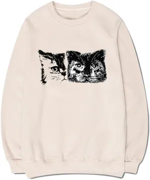 CORIRESHA Cute Cat Face Crew Neck Long Sleeve Cotton Basic Pullover Sweatshirt