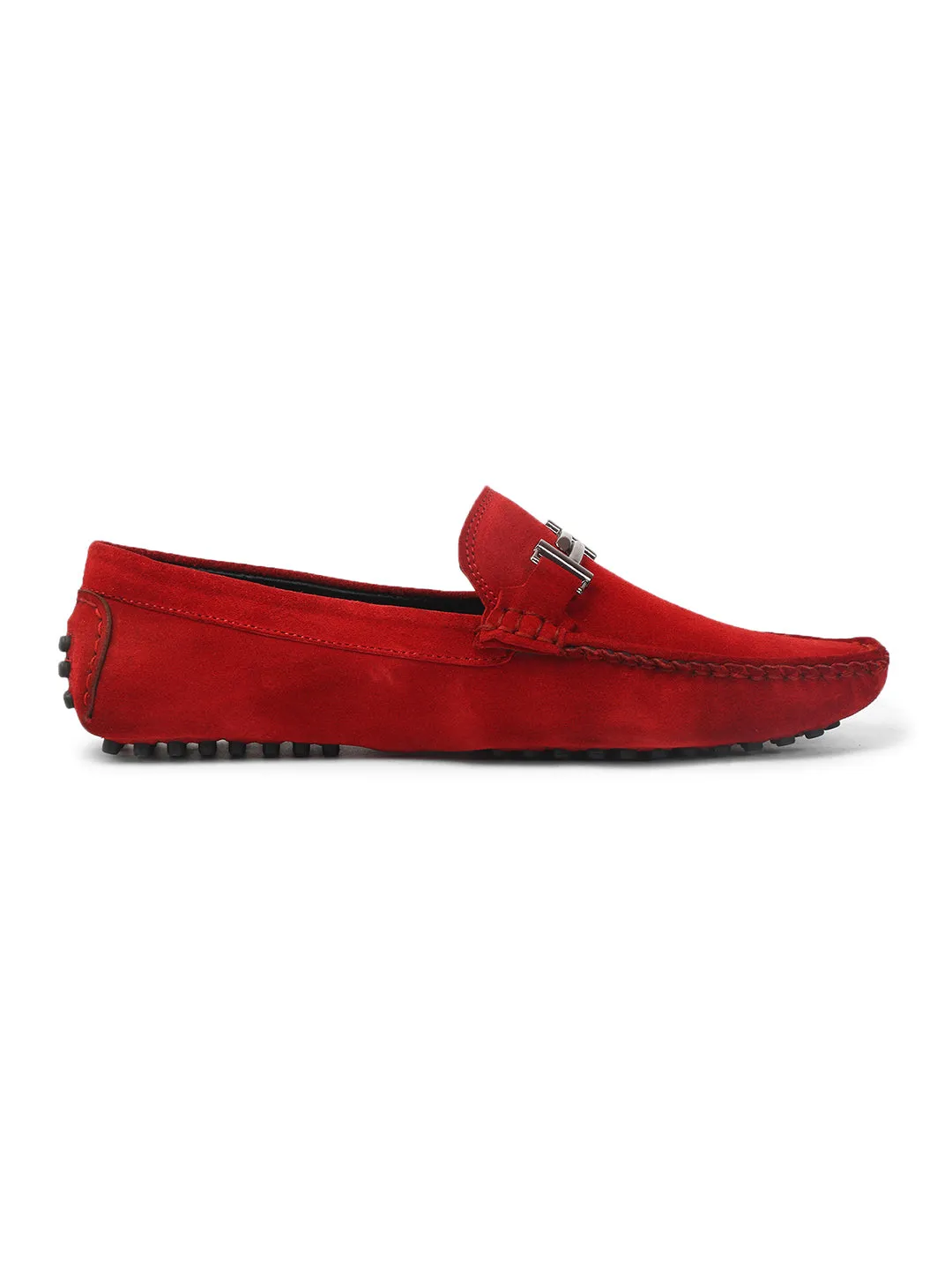 Ferrari Red Handmade Italian Suede Leather Penny Loafers with Designer Buckle