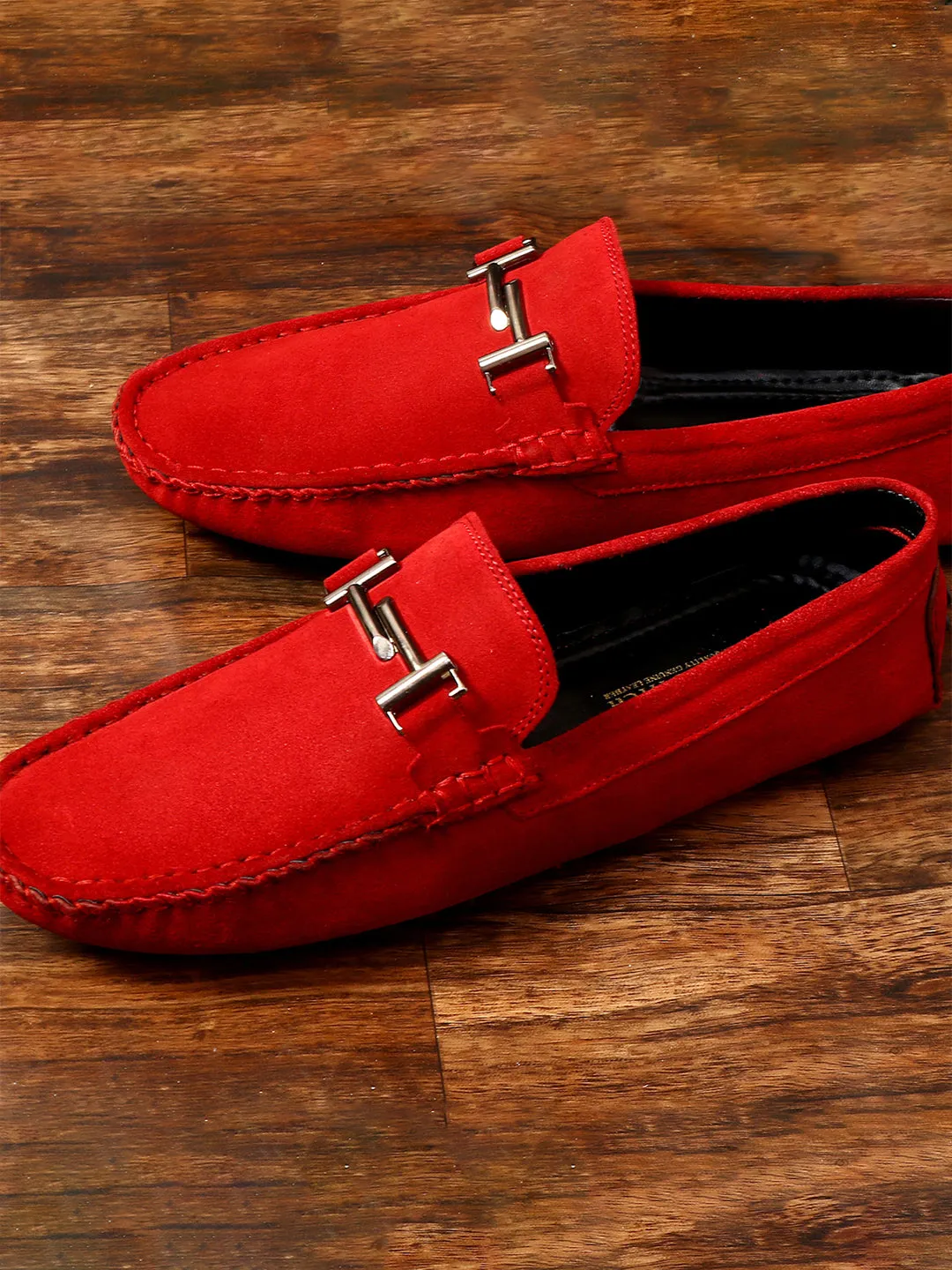Ferrari Red Handmade Italian Suede Leather Penny Loafers with Designer Buckle
