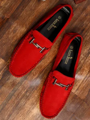 Ferrari Red Handmade Italian Suede Leather Penny Loafers with Designer Buckle