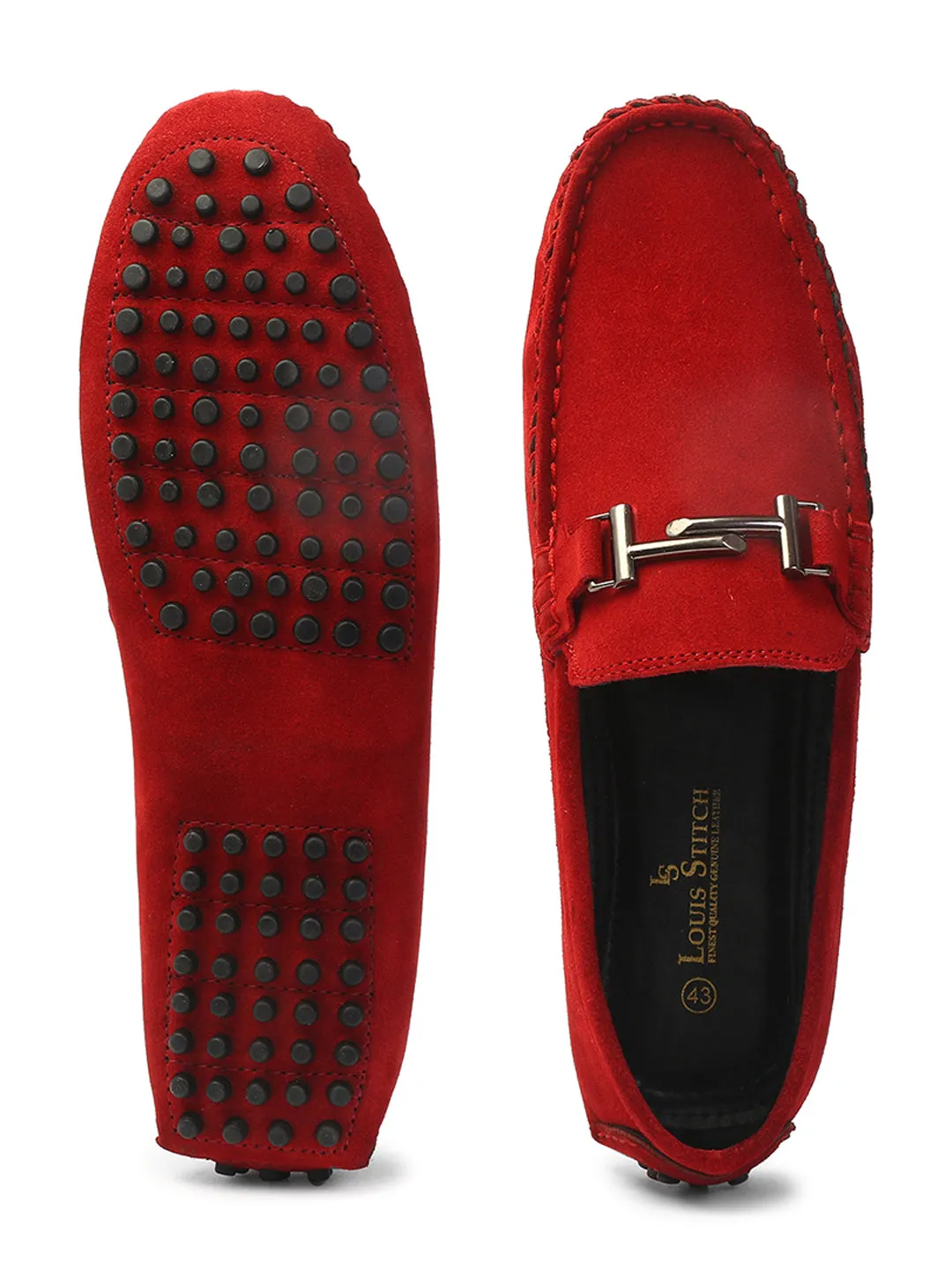Ferrari Red Handmade Italian Suede Leather Penny Loafers with Designer Buckle