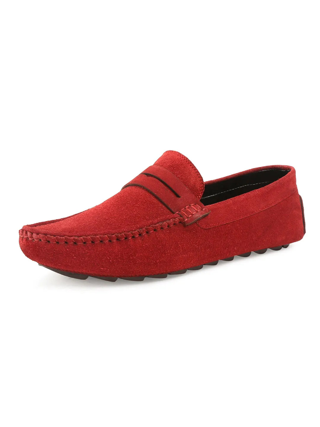 Ferrari Red Handmade Italian Suede Leather Solid Penny Loafers