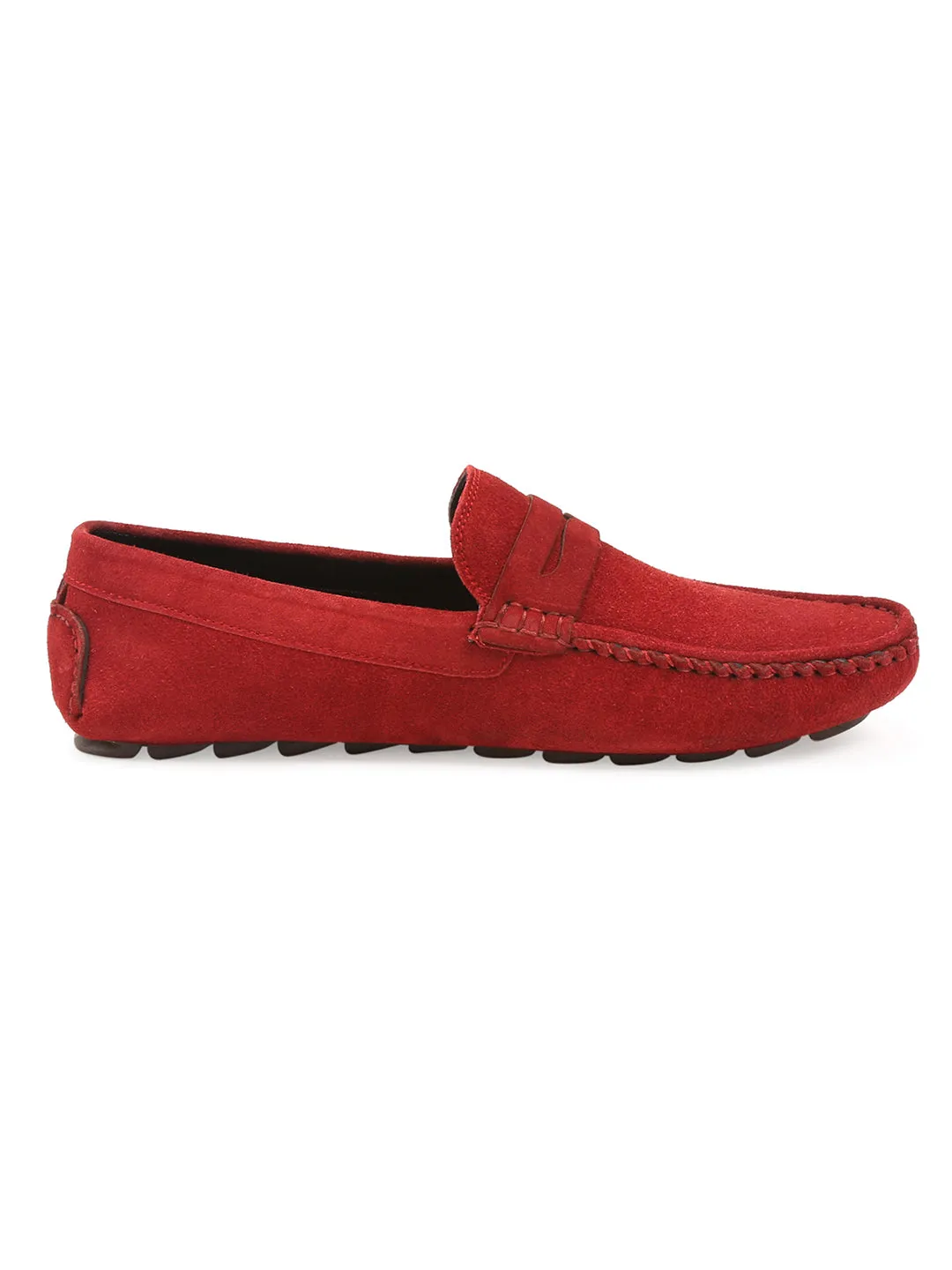 Ferrari Red Handmade Italian Suede Leather Solid Penny Loafers