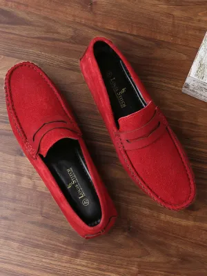 Ferrari Red Handmade Italian Suede Leather Solid Penny Loafers