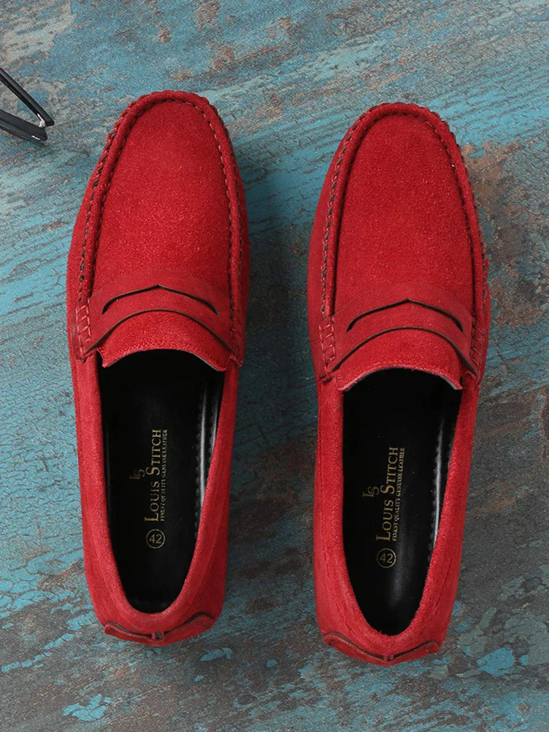 Ferrari Red Handmade Italian Suede Leather Solid Penny Loafers