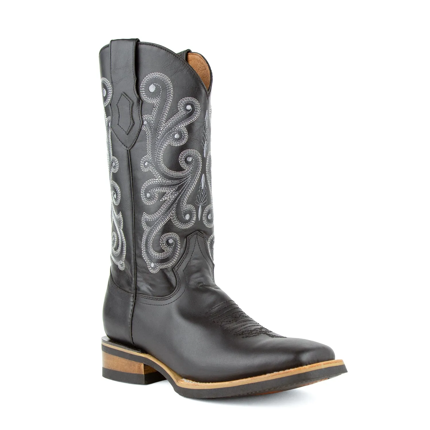 Ferrini Mens Black Leather French Calf Rubber S-Toe Cowboy Boots
