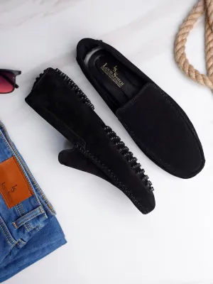 Jet Black Handmade Italian Suede Leather Slip-On Penny Loafers