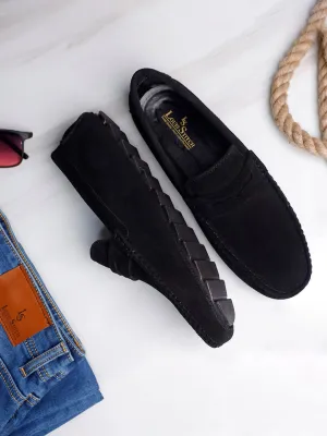 Jet Black Handmade Italian Suede Leather Solid Penny Loafers