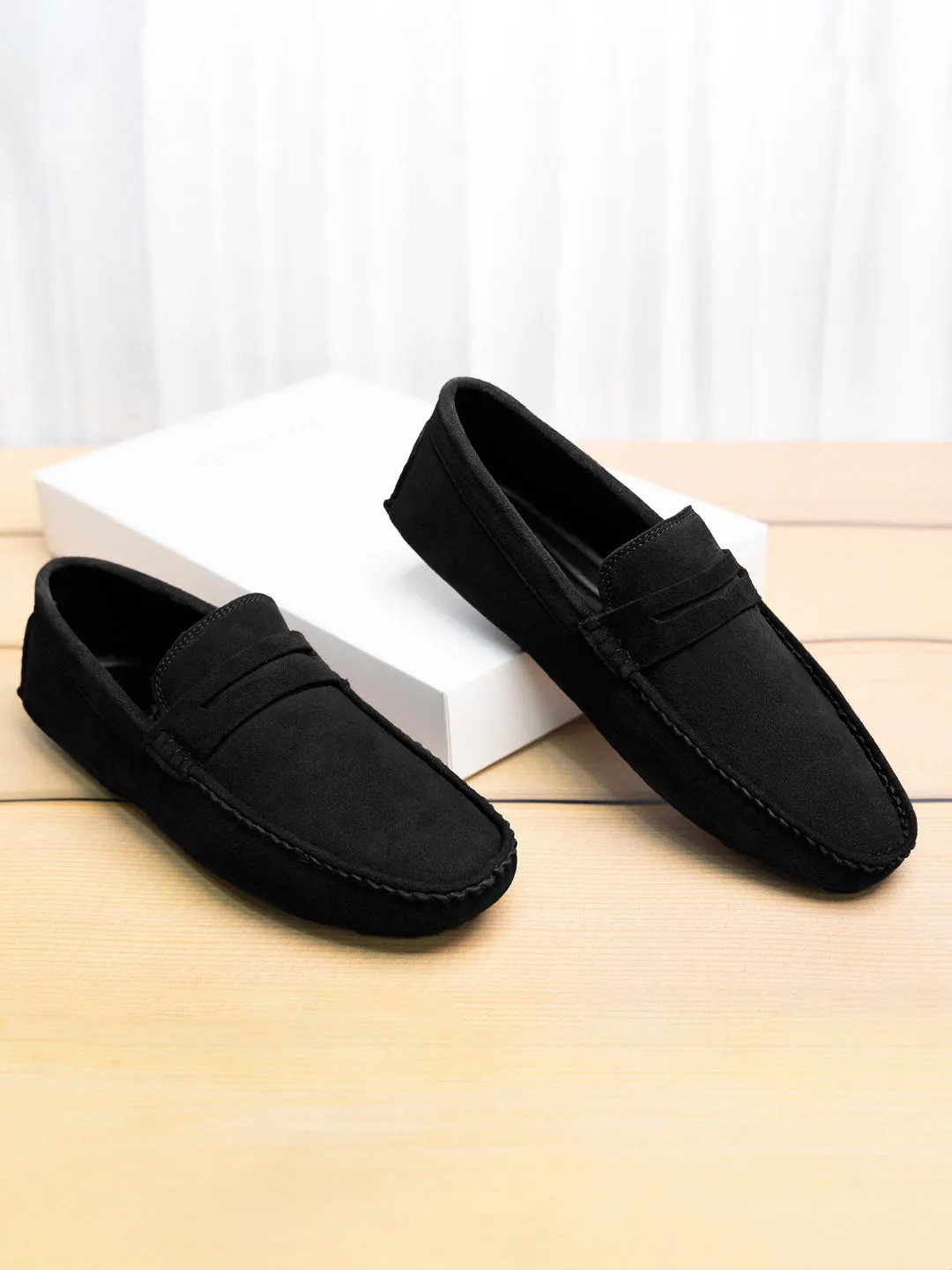 Jet Black Handmade Italian Suede Leather Solid Penny Loafers