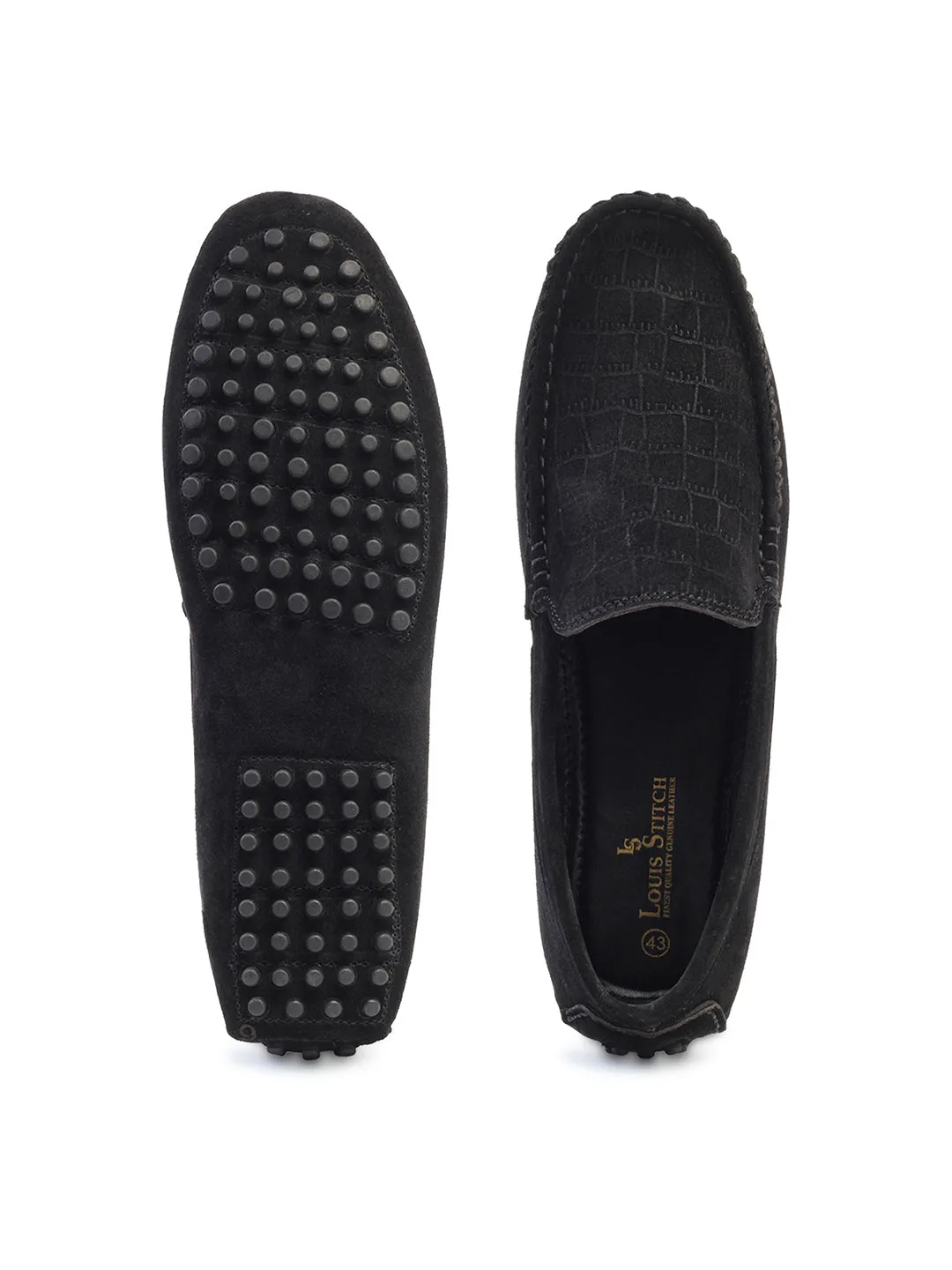 Jet Black Handmade Italian Suede Leather Textured Penny Loafers