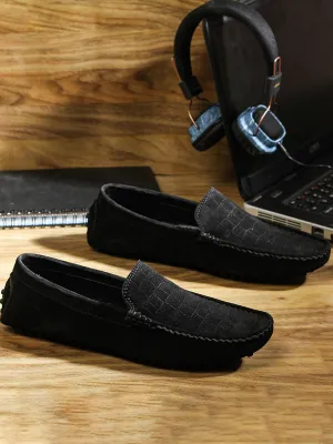Jet Black Handmade Italian Suede Leather Textured Penny Loafers