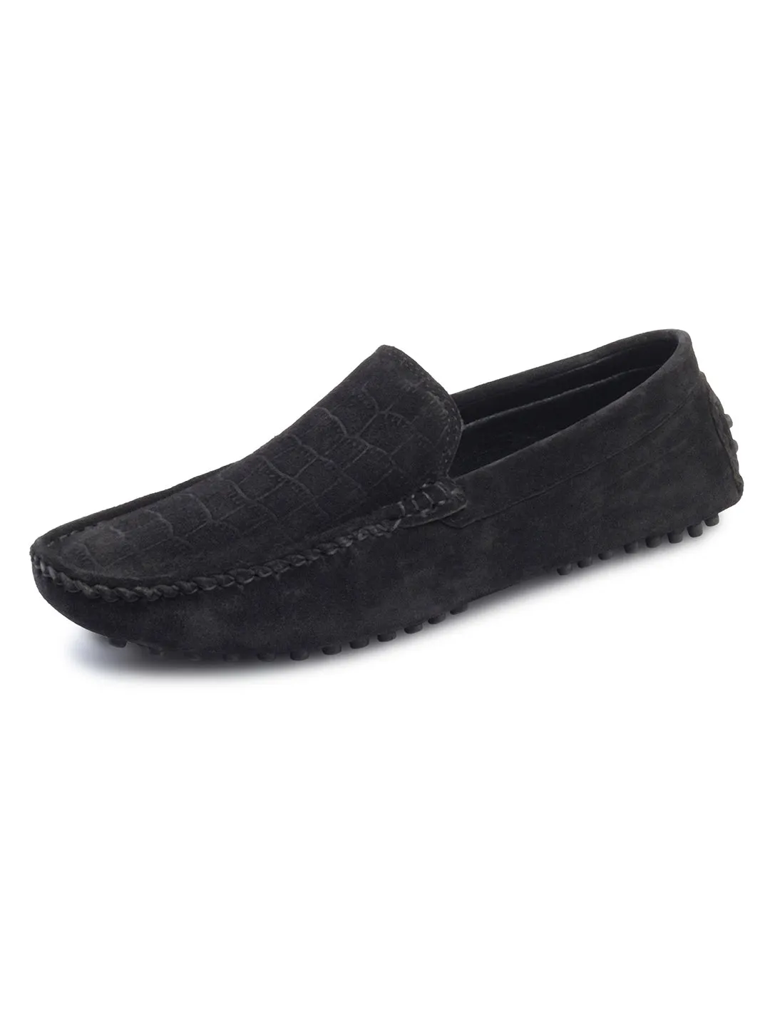 Jet Black Handmade Italian Suede Leather Textured Penny Loafers