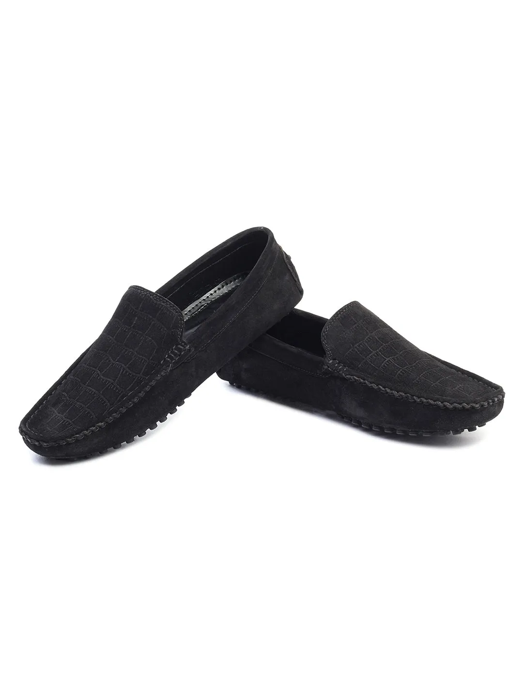 Jet Black Handmade Italian Suede Leather Textured Penny Loafers