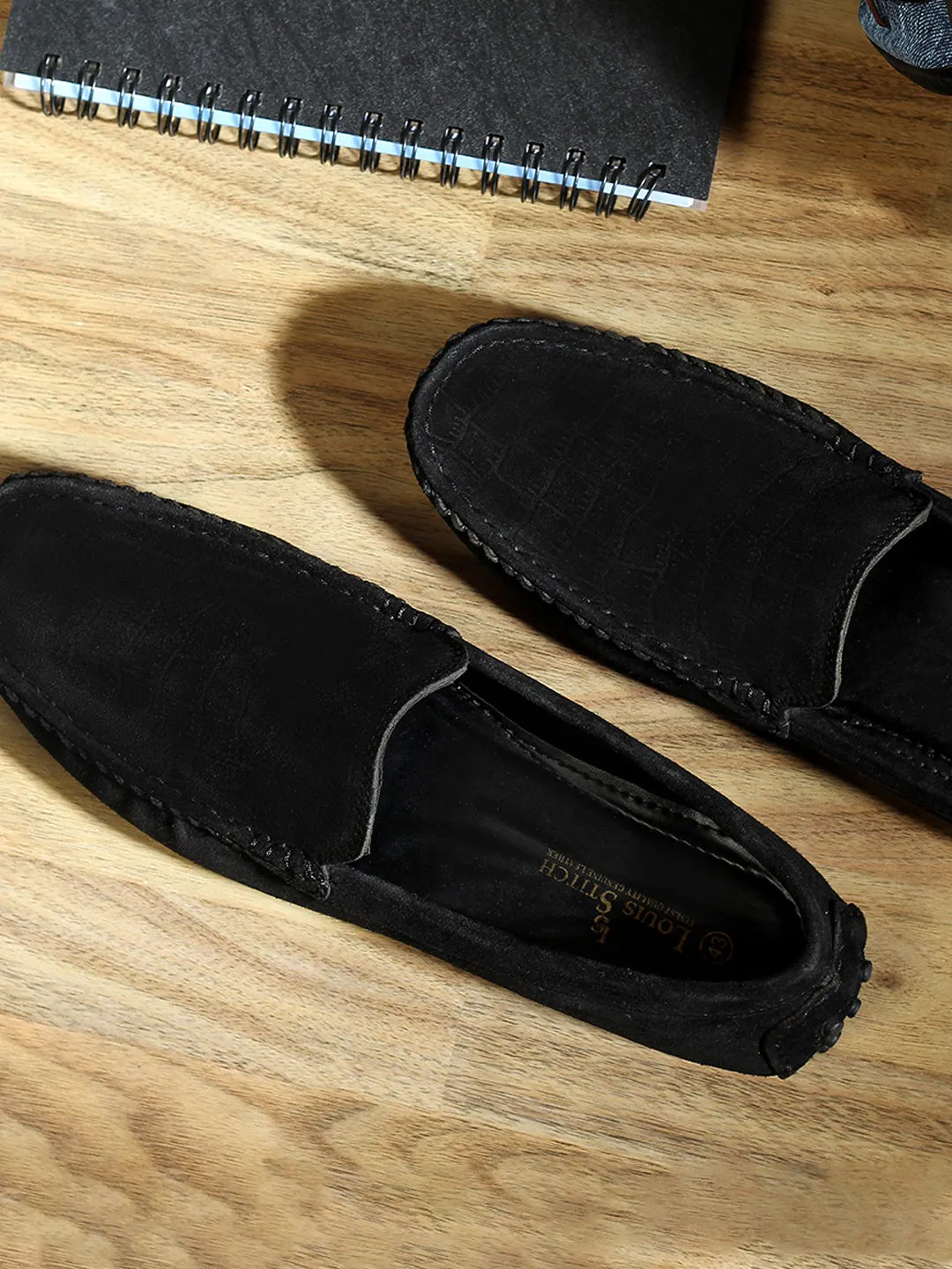 Jet Black Handmade Italian Suede Leather Textured Penny Loafers