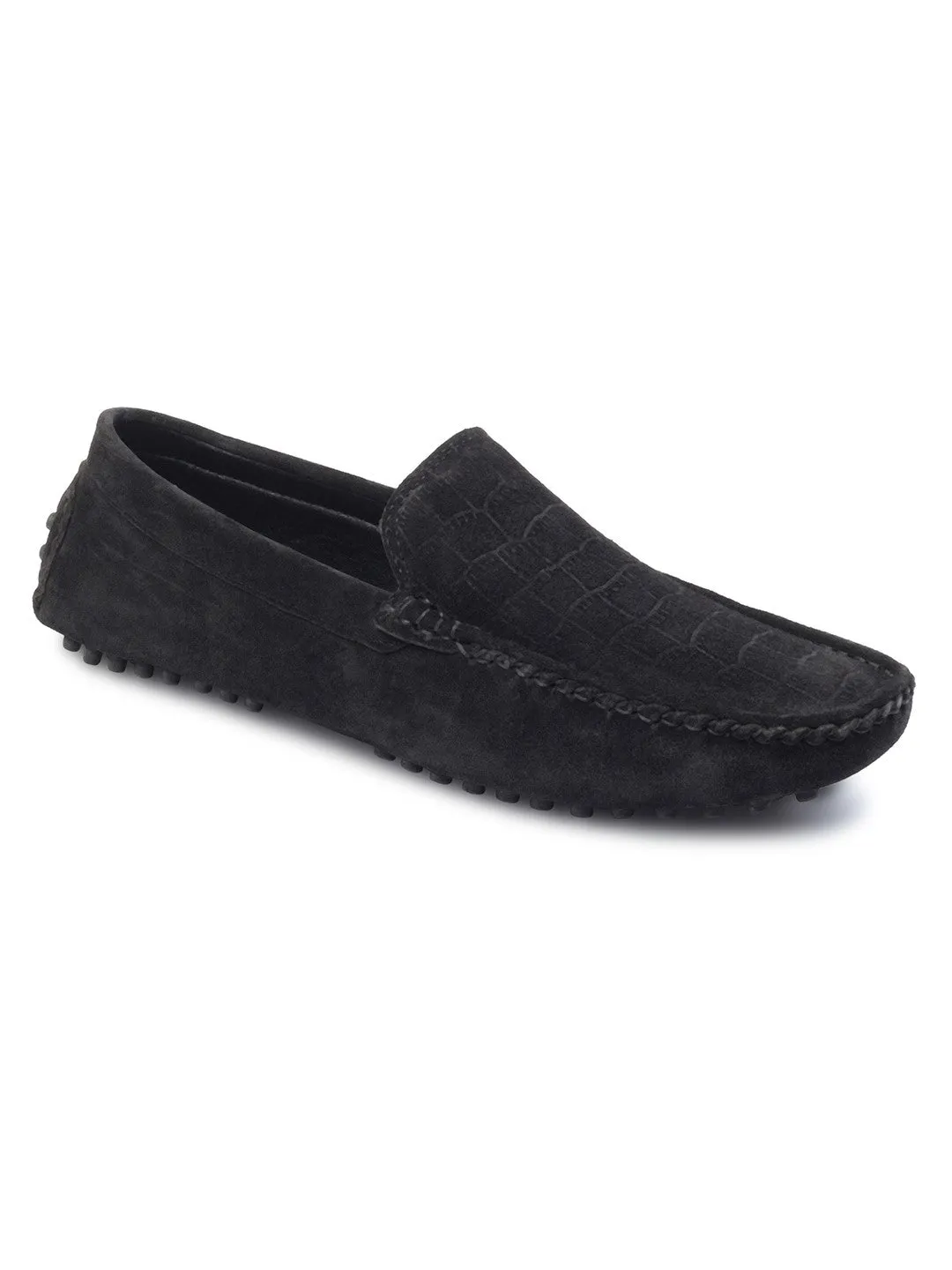 Jet Black Handmade Italian Suede Leather Textured Penny Loafers