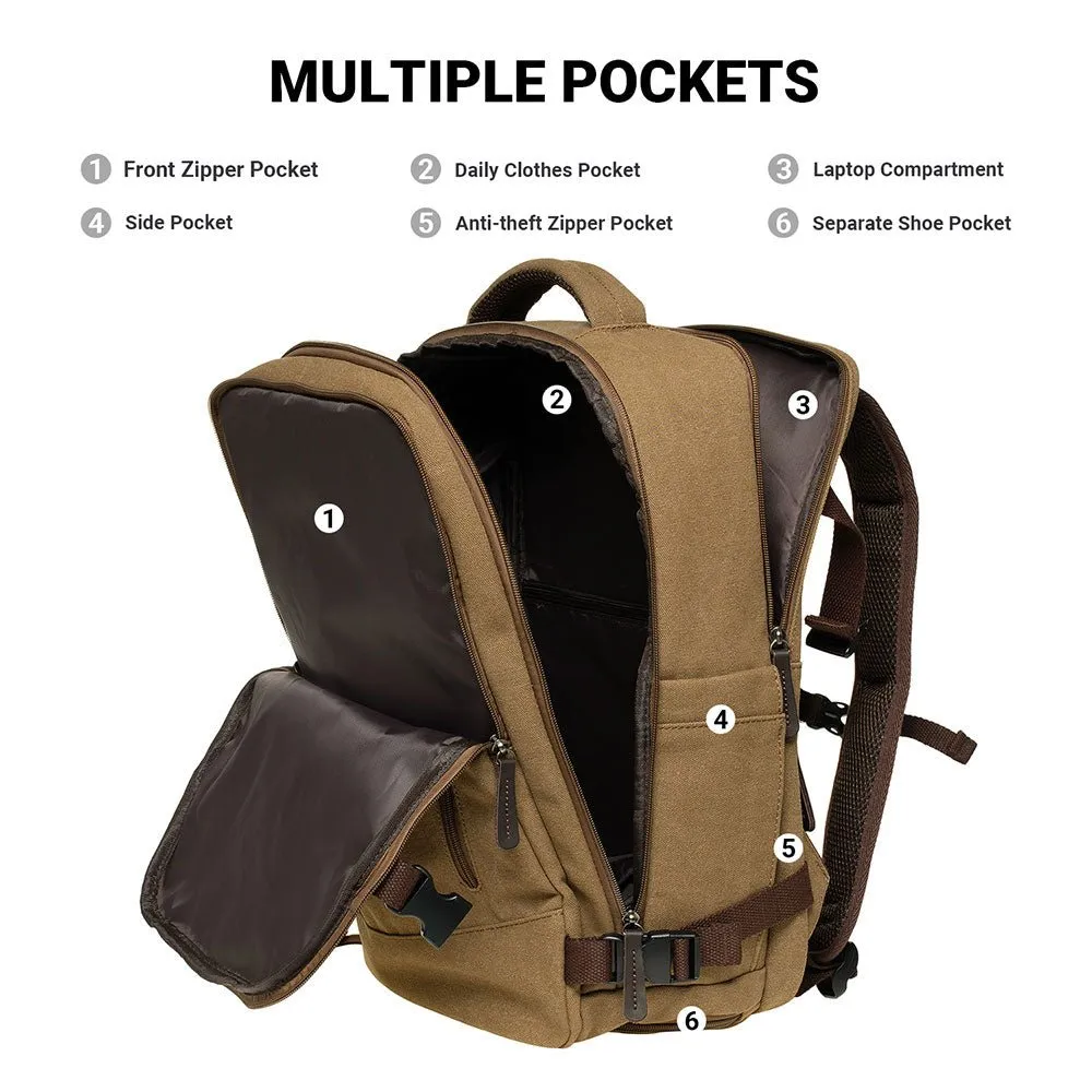 KAUKKO Thick Canvas Travel Backpack, Flight Approved Carry On Backpack with Shoe Pouch and 15.6 inch Laptop Compartment