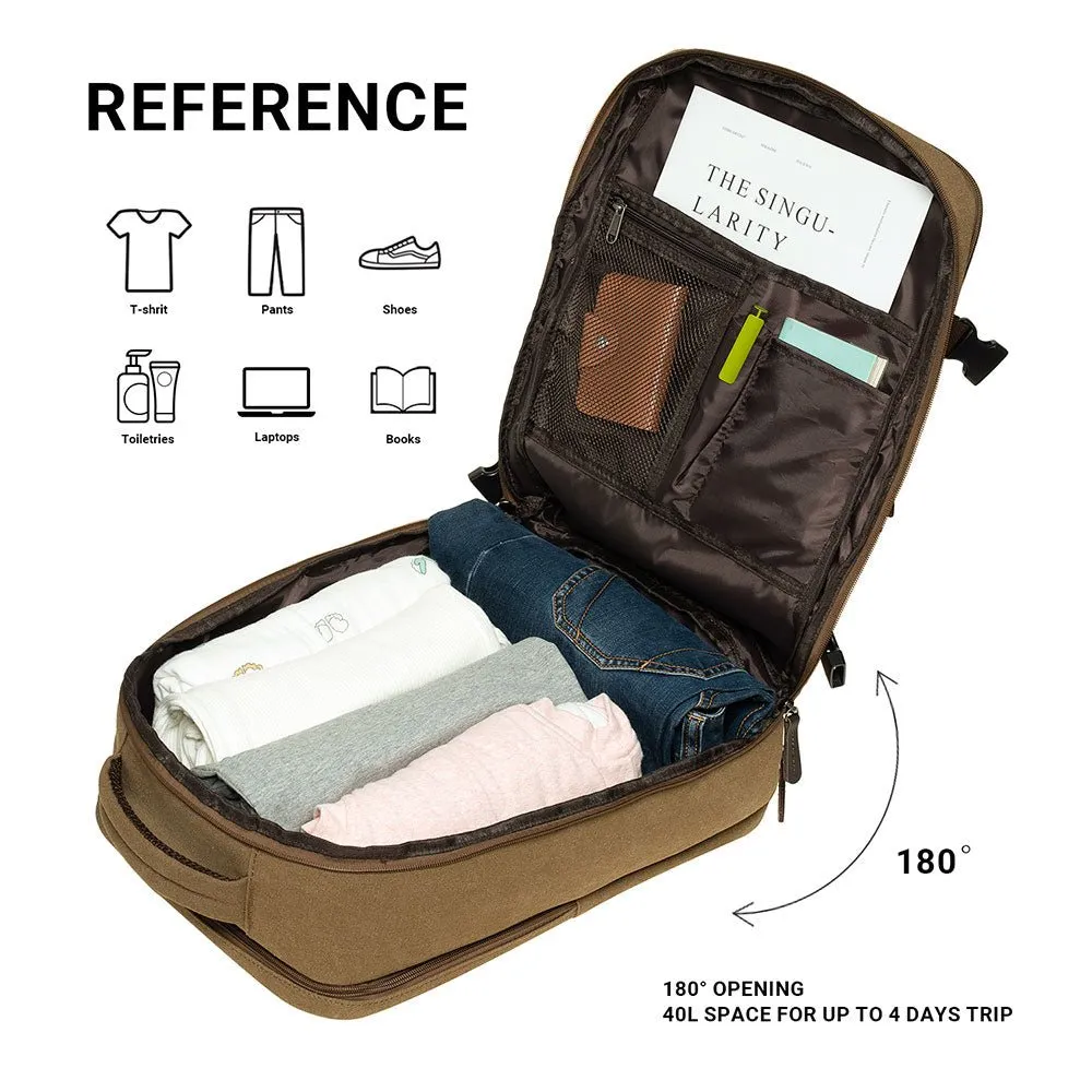 KAUKKO Thick Canvas Travel Backpack, Flight Approved Carry On Backpack with Shoe Pouch and 15.6 inch Laptop Compartment