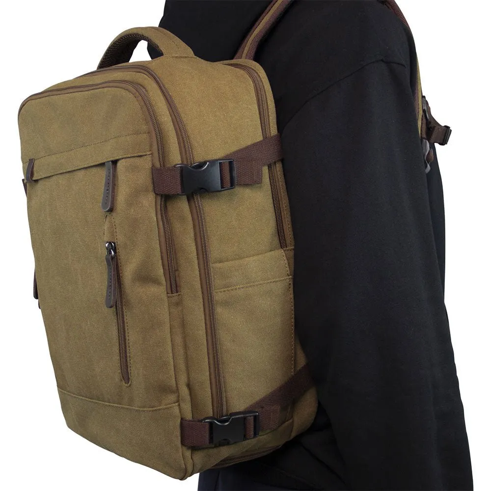 KAUKKO Thick Canvas Travel Backpack, Flight Approved Carry On Backpack with Shoe Pouch and 15.6 inch Laptop Compartment