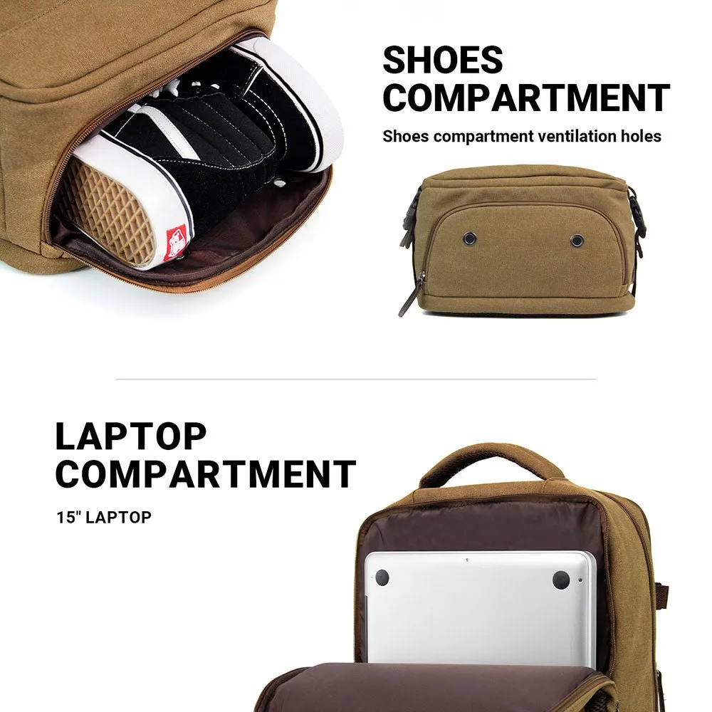KAUKKO Thick Canvas Travel Backpack, Flight Approved Carry On Backpack with Shoe Pouch and 15.6 inch Laptop Compartment