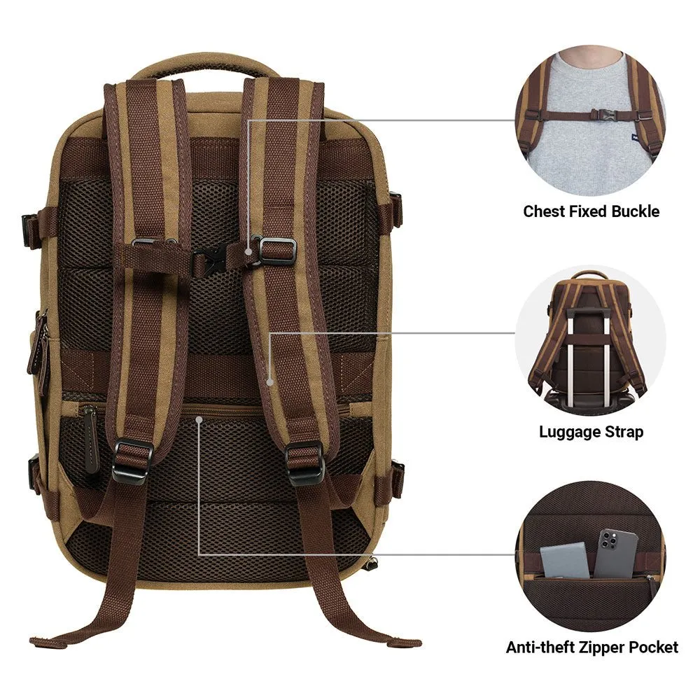 KAUKKO Thick Canvas Travel Backpack, Flight Approved Carry On Backpack with Shoe Pouch and 15.6 inch Laptop Compartment