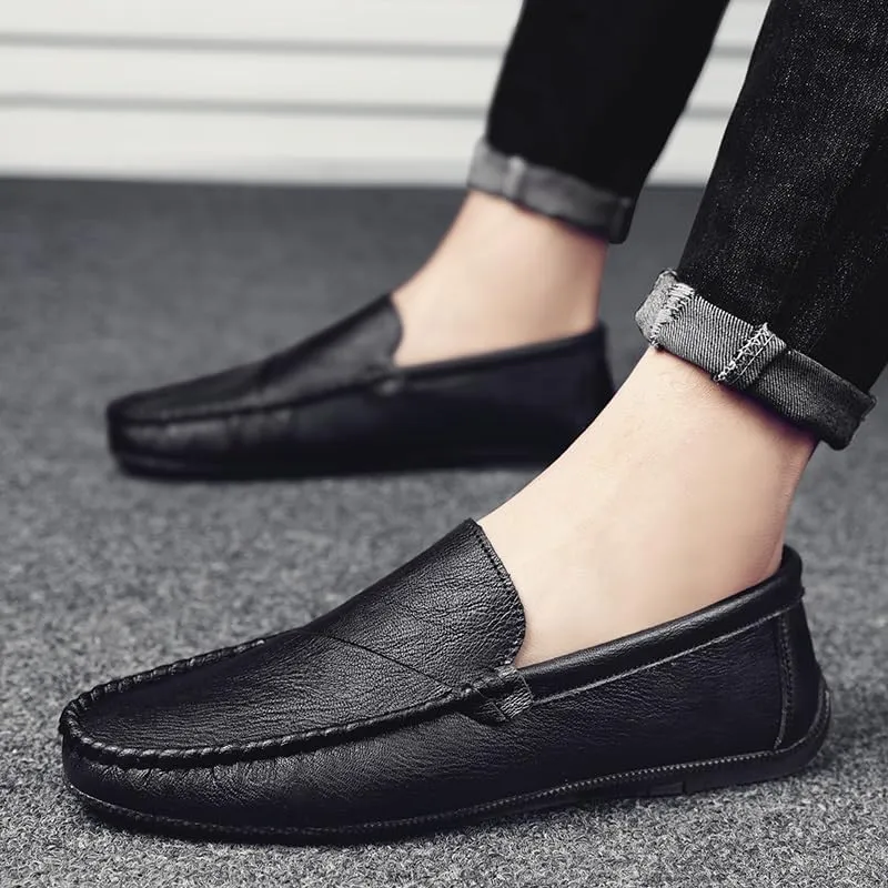 Loafers for Men Round Toe Solid Color Vegan Leather Loafer Shoes Flat Heel Anti-Slip Flexible Wedding Slip-on