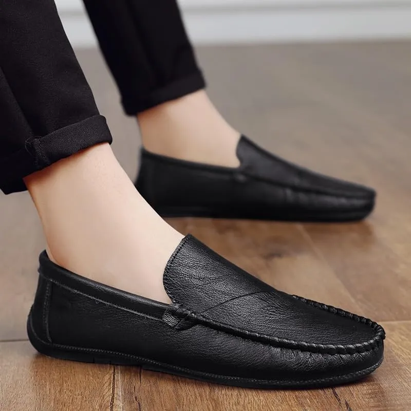Loafers for Men Round Toe Solid Color Vegan Leather Loafer Shoes Flat Heel Anti-Slip Flexible Wedding Slip-on