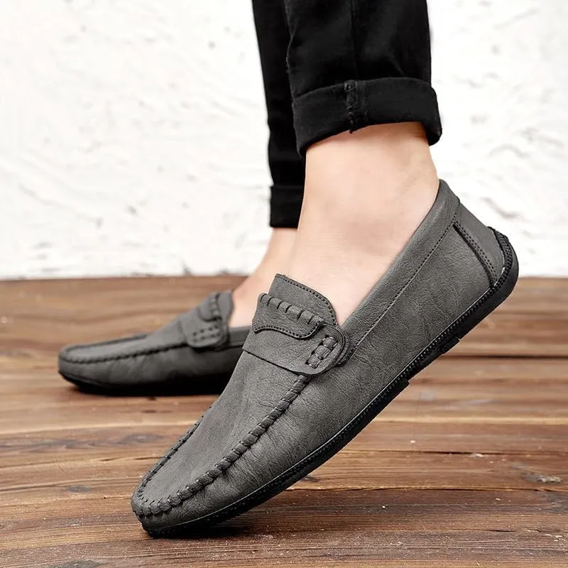 Mens Loafers Round Toe Vegan Leather Loafer Shoe Anti-Slip Flat Heel Comfortable Fashion Slip-on