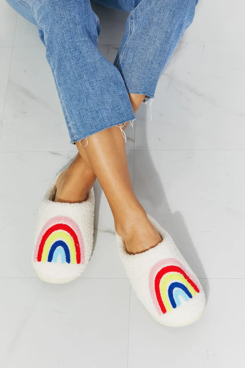 MMShoes Rainbow Fuzzy Teddy Bear Plush Slide On Comfy Slippers Multicolor on White