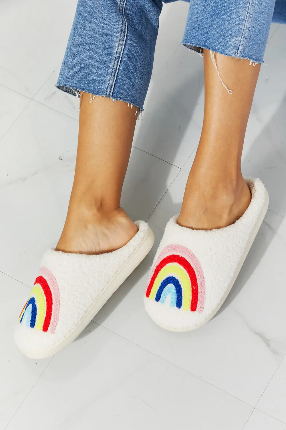 MMShoes Rainbow Fuzzy Teddy Bear Plush Slide On Comfy Slippers Multicolor on White