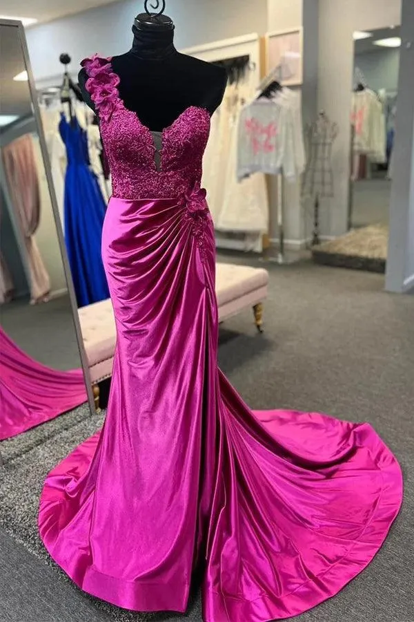 One-Shoulder 3D Floral Lace Pleated Red Prom Gown with Slit PSK496