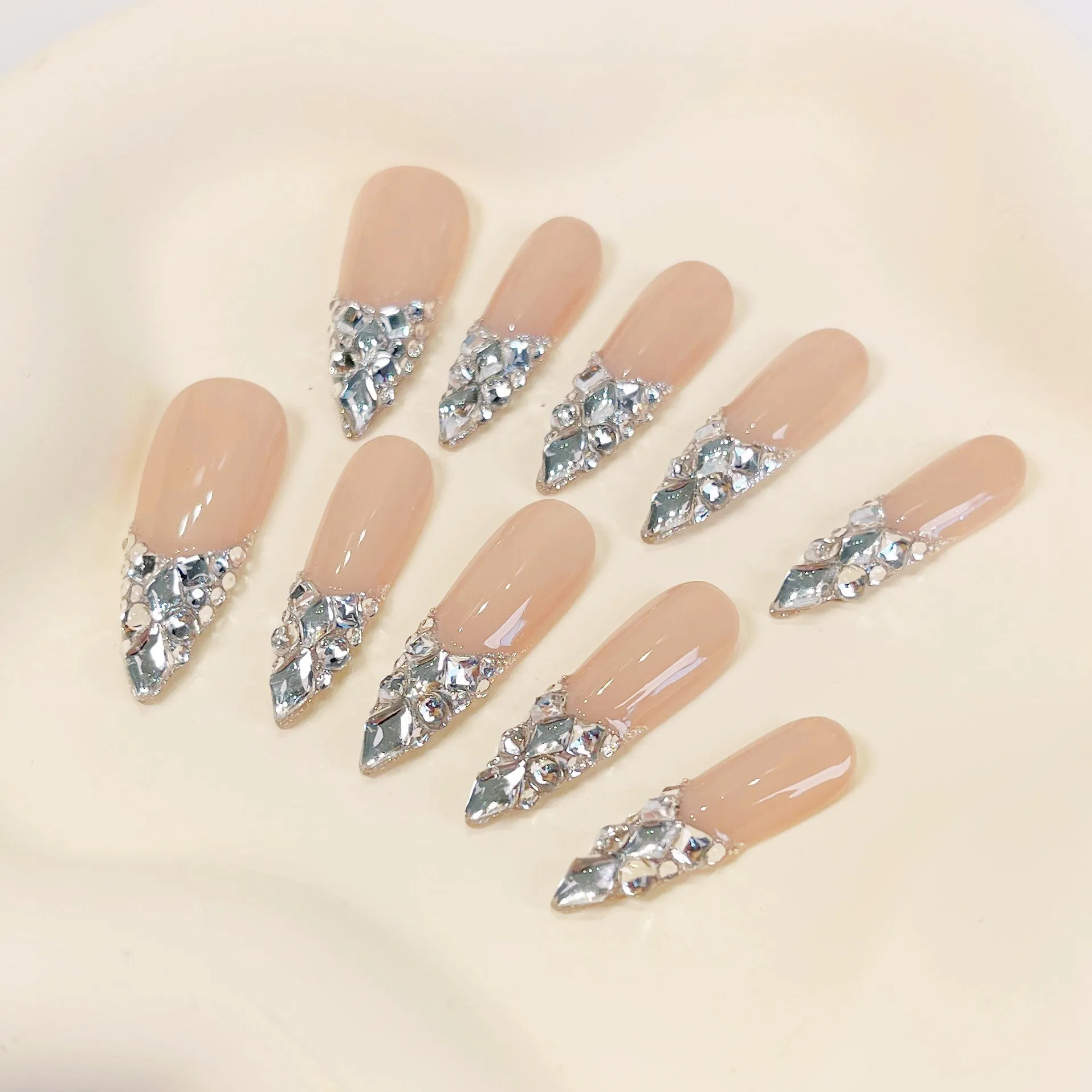 PO034 silver crystal gem bling long stiletto press on nails